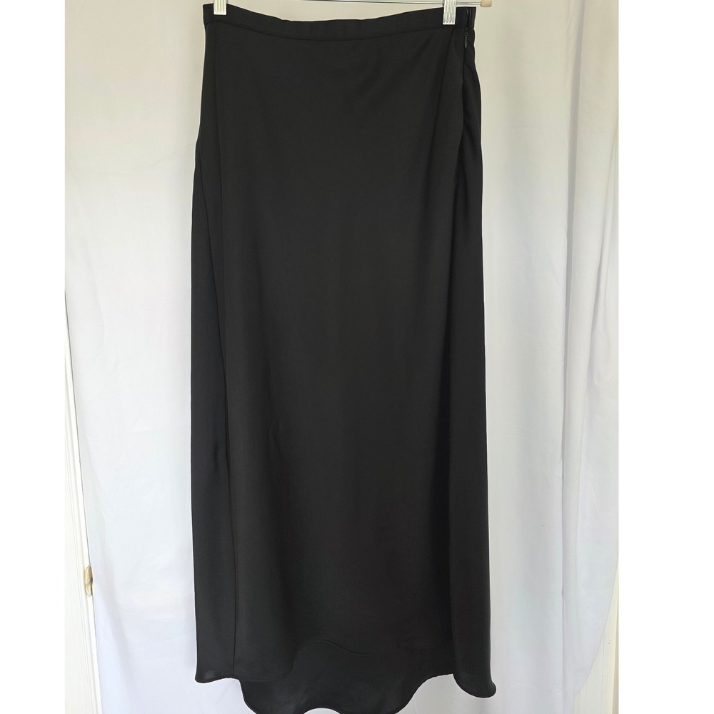 Bishop + Young Black Satin Maxi Slip Skirt Side Zip Side Slit Hi-Low Size L